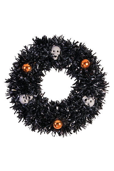 Tinsel Wreath With Skulls & Balls - Black