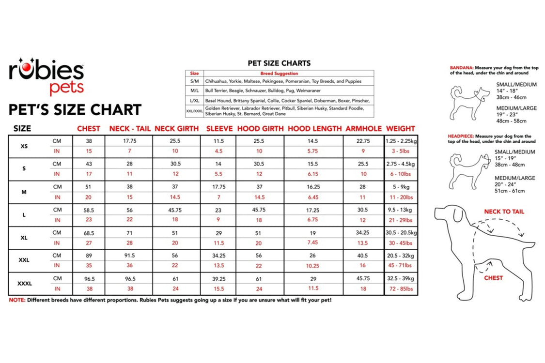 Size Charts Rubies II LLC.